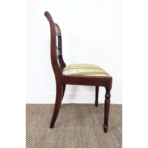 133 - DINING CHAIRS, a set of six, Regency mahogany, circa 1815, with striped drop in seats, 83cm H x 47cm... 