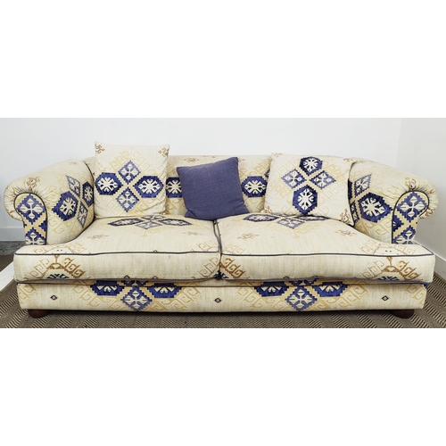 135 - CHESTERFIELD SOFA, cream and blue patterned upholstery with three loose cushions, 74cm H x 237cm W x... 