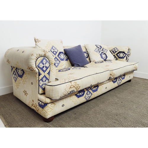 135 - CHESTERFIELD SOFA, cream and blue patterned upholstery with three loose cushions, 74cm H x 237cm W x... 