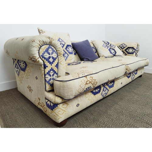 135 - CHESTERFIELD SOFA, cream and blue patterned upholstery with three loose cushions, 74cm H x 237cm W x... 