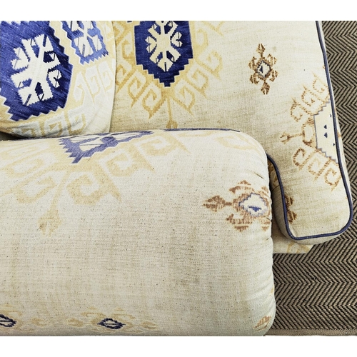 135 - CHESTERFIELD SOFA, cream and blue patterned upholstery with three loose cushions, 74cm H x 237cm W x... 