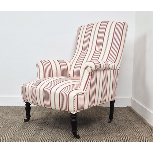 138 - BERGERE, Napoleon III ebonised with cream and red striped fabric on castors, 96cm H x 77cm W.