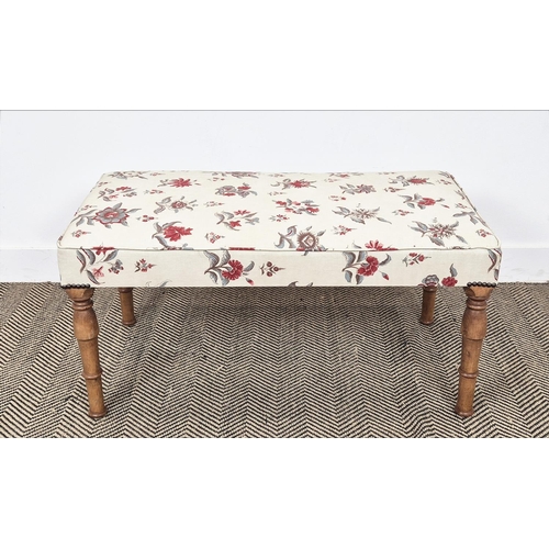 139 - STOOL, pine with rectangular floral upholstery, 44cm H x 92cm W x 46cm D.