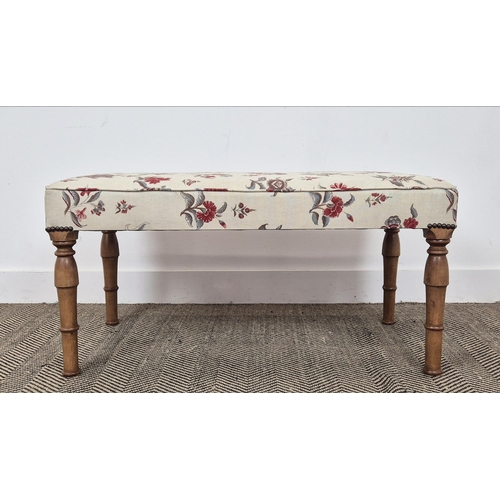 139 - STOOL, pine with rectangular floral upholstery, 44cm H x 92cm W x 46cm D.