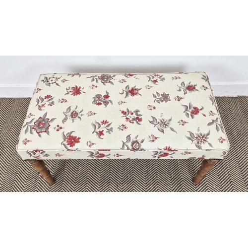 139 - STOOL, pine with rectangular floral upholstery, 44cm H x 92cm W x 46cm D.