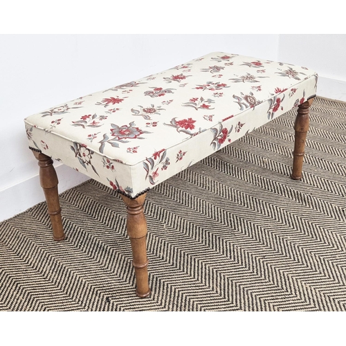 139 - STOOL, pine with rectangular floral upholstery, 44cm H x 92cm W x 46cm D.