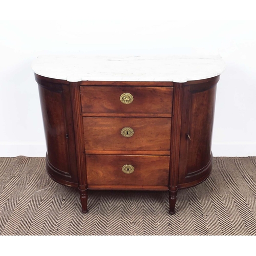 142 - SIDE CABINET, Directoire mahogany, circa 1795, with three drawers, two bowed doors and shaped marble... 