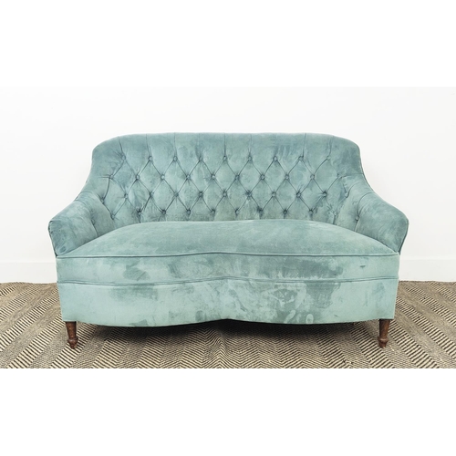 148 - CANAPE, early 20th century French beechwood of small size in aquamarine velvet, 74cm H x 125cm W x 6... 