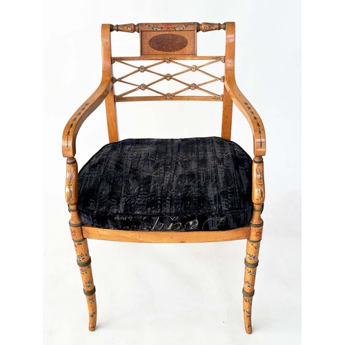 150 - ARMCHAIR, George III style satinwood and beech painted with inset tablet, cane seat and cushion, 34c... 