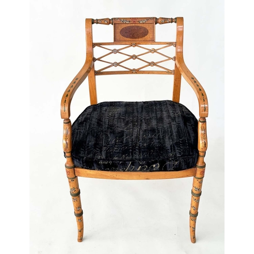 150 - ARMCHAIR, George III style satinwood and beech painted with inset tablet, cane seat and cushion, 34c... 