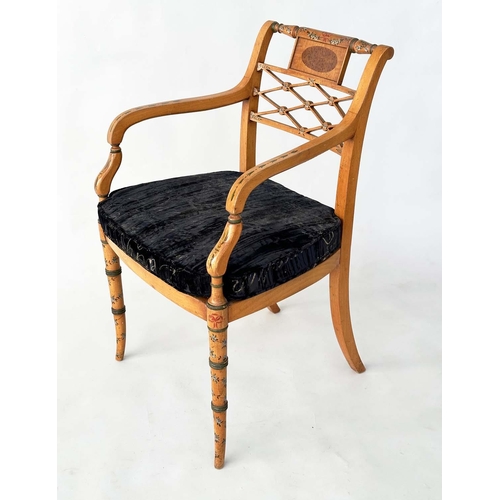 150 - ARMCHAIR, George III style satinwood and beech painted with inset tablet, cane seat and cushion, 34c... 