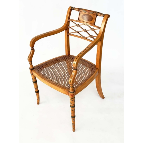 150 - ARMCHAIR, George III style satinwood and beech painted with inset tablet, cane seat and cushion, 34c... 