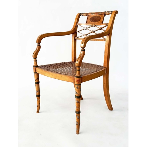 150 - ARMCHAIR, George III style satinwood and beech painted with inset tablet, cane seat and cushion, 34c... 