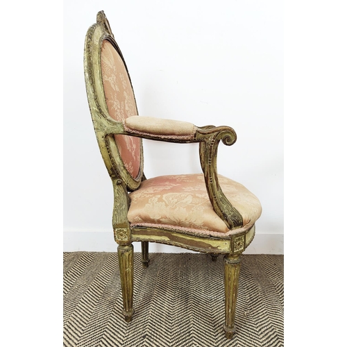 172 - OPEN ARMCHAIRS, a pair, 18th century Italian painted and giltwood with oval padded backs, 104cm H x ... 