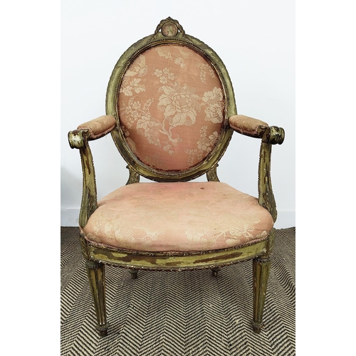 172 - OPEN ARMCHAIRS, a pair, 18th century Italian painted and giltwood with oval padded backs, 104cm H x ... 