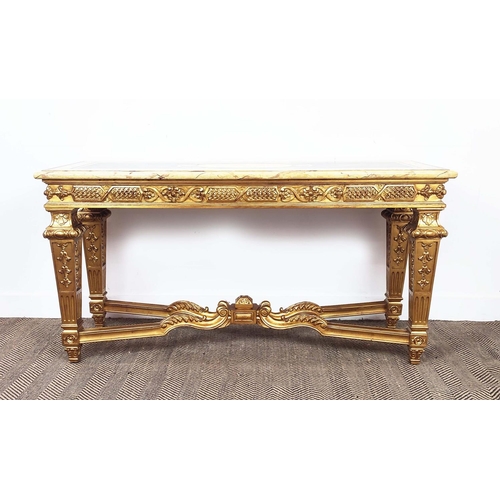 174 - CONSOLE TABLE, Régencey style faux marble and gilt framed, 77cm H x 154cm W x 54cm D.