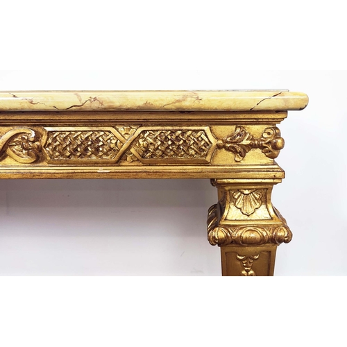 174 - CONSOLE TABLE, Régencey style faux marble and gilt framed, 77cm H x 154cm W x 54cm D.