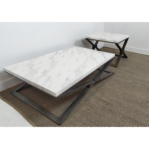 175 - LOW TABLE, rectangular laminated marble on metal X frame, 35cm H x 130cm W x 80cm D and a similar sq... 