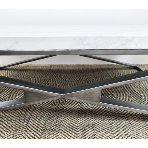 175 - LOW TABLE, rectangular laminated marble on metal X frame, 35cm H x 130cm W x 80cm D and a similar sq... 