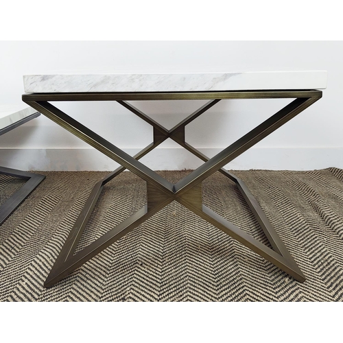 175 - LOW TABLE, rectangular laminated marble on metal X frame, 35cm H x 130cm W x 80cm D and a similar sq... 