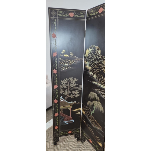 177 - CHINESE LACQUER SIX FOLD SCREEN, Coromandel Export style, with pagoda garden scene with gilt highlig... 