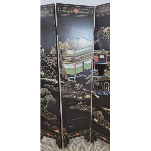 177 - CHINESE LACQUER SIX FOLD SCREEN, Coromandel Export style, with pagoda garden scene with gilt highlig... 