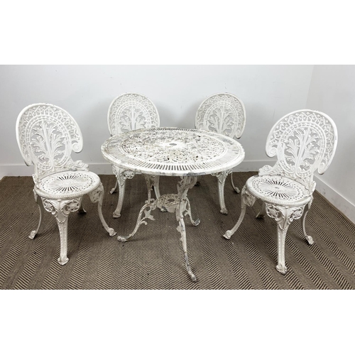 179 - GARDEN TABLE AND FOUR CHAIRS, Victorian style cast metal, 80cm D x 70cm H. (5)