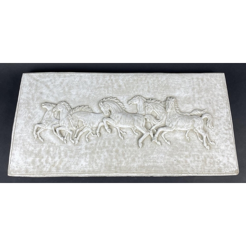 2 - PLASTER RELIEF ANCIENT CLASSICAL RUNNING HORSES, 88cm L x 43cm H.