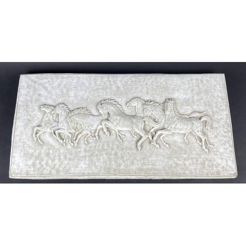 2 - PLASTER RELIEF ANCIENT CLASSICAL RUNNING HORSES, 88cm L x 43cm H.