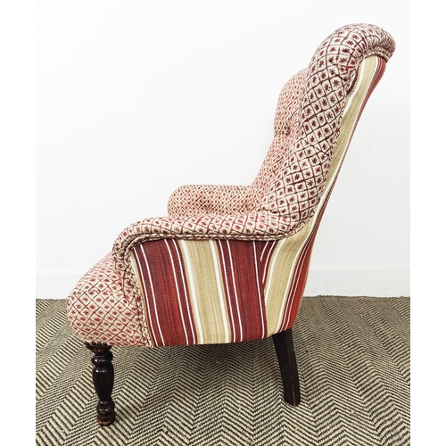 205 - ARMCHAIR, red patterned and striped upholstery, 85cm H x 63cm x 76cm.