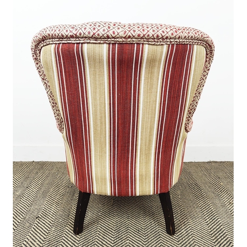 205 - ARMCHAIR, red patterned and striped upholstery, 85cm H x 63cm x 76cm.