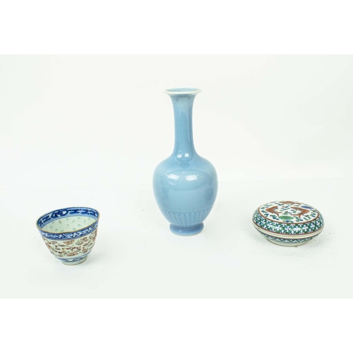 4 - QUANTITY OF ORIENTAL ITEMS, including a Chinese monochrome blue vase with character marks, a famille... 