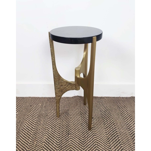 404 - SIDE TABLE, cast brass base with circular black marble top, 57cm H x 27cm W.