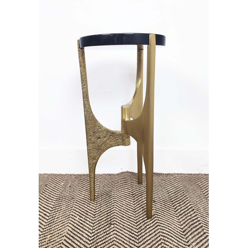 404 - SIDE TABLE, cast brass base with circular black marble top, 57cm H x 27cm W.