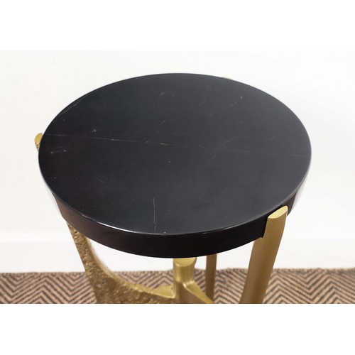 404 - SIDE TABLE, cast brass base with circular black marble top, 57cm H x 27cm W.