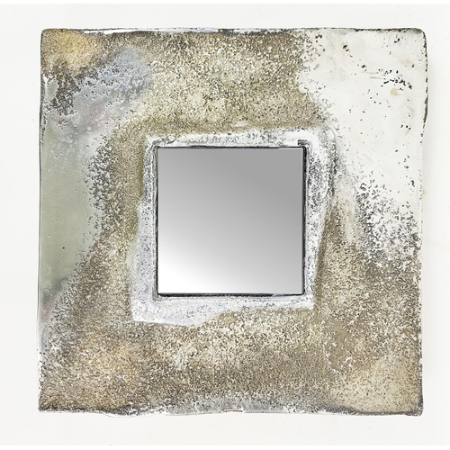 405 - WALL MIRROR, square cast aluminium frame, 35cm H x 35cm W.