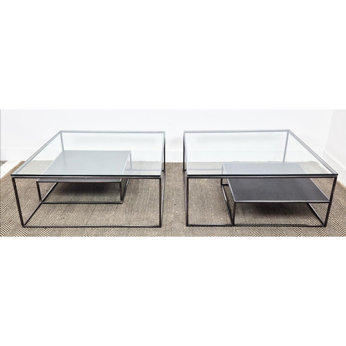 413 - LOW TABLES, a pair, contemporary, glass tops, each with undertier. (2)