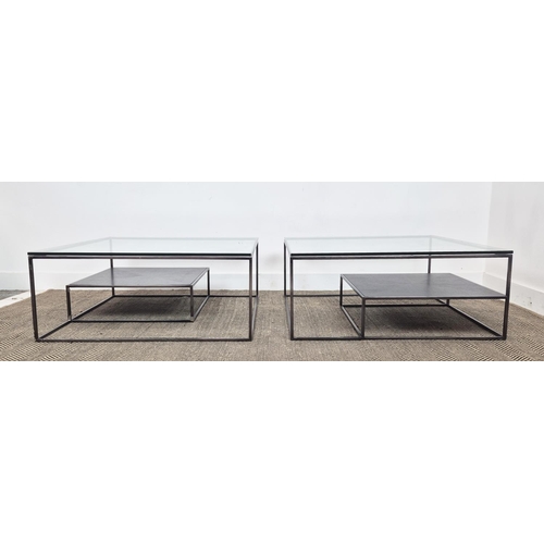 413 - LOW TABLES, a pair, contemporary, glass tops, each with undertier. (2)