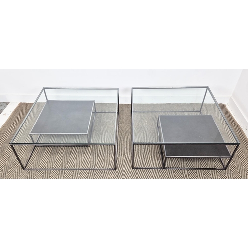 413 - LOW TABLES, a pair, contemporary, glass tops, each with undertier. (2)