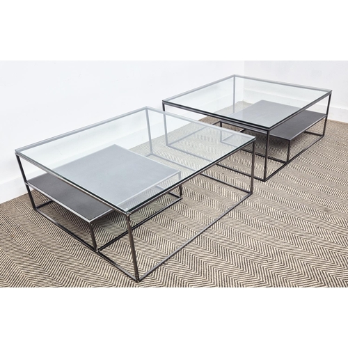 413 - LOW TABLES, a pair, contemporary, glass tops, each with undertier. (2)