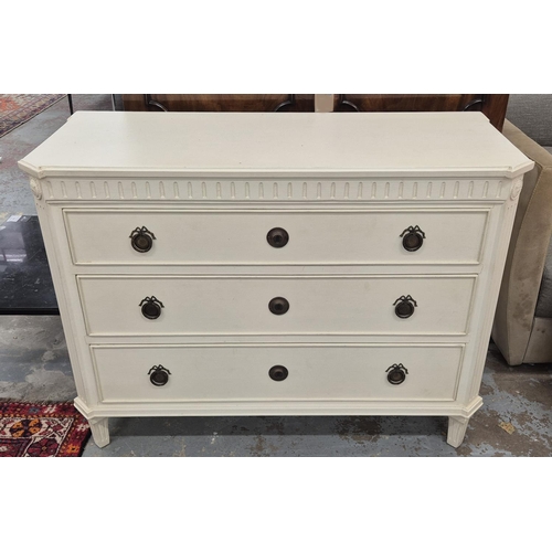 424 - CHEST OF DRAWERS, white painted with three drawers, 111.5cm x 47cm x 82.5cm approx.