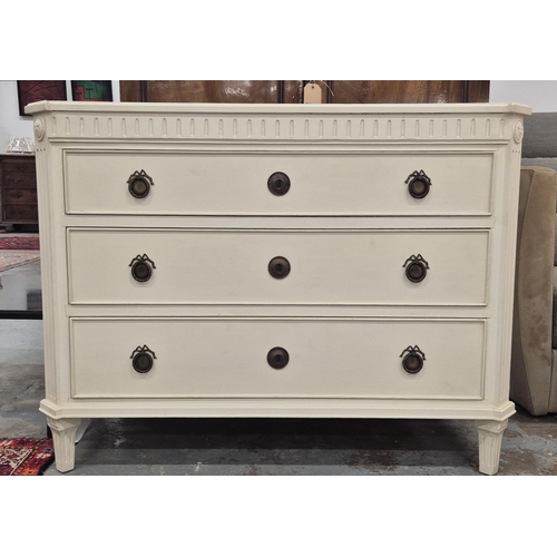 424 - CHEST OF DRAWERS, white painted with three drawers, 111.5cm x 47cm x 82.5cm approx.