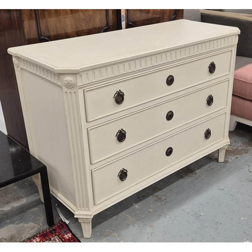 424 - CHEST OF DRAWERS, white painted with three drawers, 111.5cm x 47cm x 82.5cm approx.