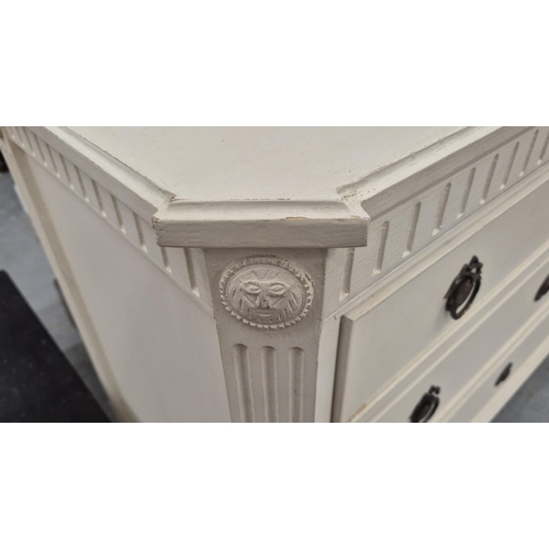 424 - CHEST OF DRAWERS, white painted with three drawers, 111.5cm x 47cm x 82.5cm approx.