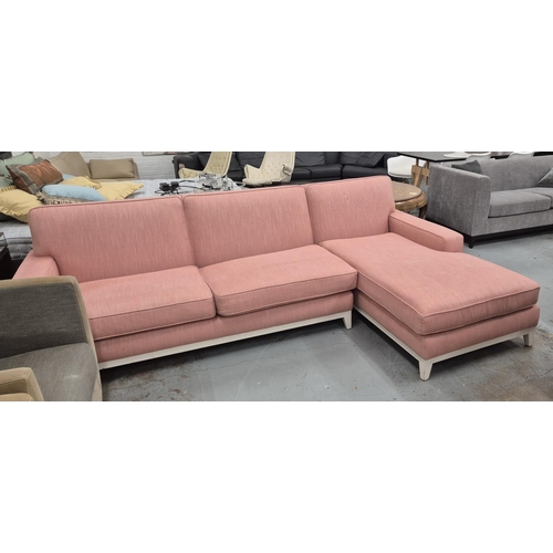 425 - CORNER SOFA, white painted supports, pink fabric upholstered.