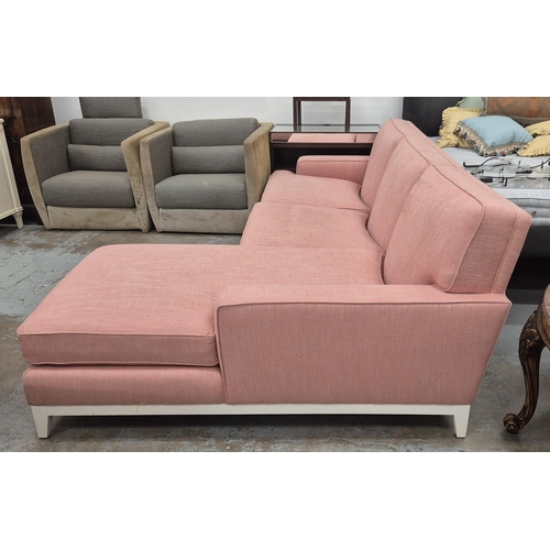 425 - CORNER SOFA, white painted supports, pink fabric upholstered.