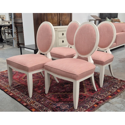 426 - DINING CHAIRS, a set of four, white painted and pink fabric upholstered, 97cm H approx. (4)