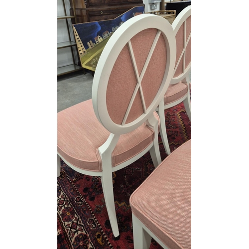 426 - DINING CHAIRS, a set of four, white painted and pink fabric upholstered, 97cm H approx. (4)