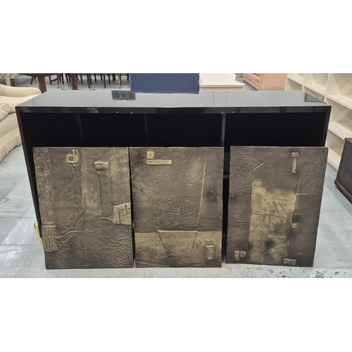 429 - SIDEBOARD, black lacquered with three brutalist style cast metal doors, 96cm H x 166cm W x 50cm D.