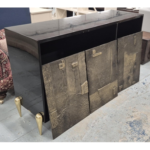 429 - SIDEBOARD, black lacquered with three brutalist style cast metal doors, 96cm H x 166cm W x 50cm D.